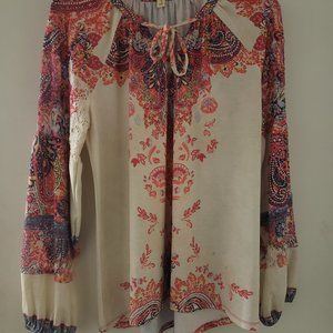 Farmers Market Long Puff Sleeve V Nick Mixed Media Top puffy sleeves